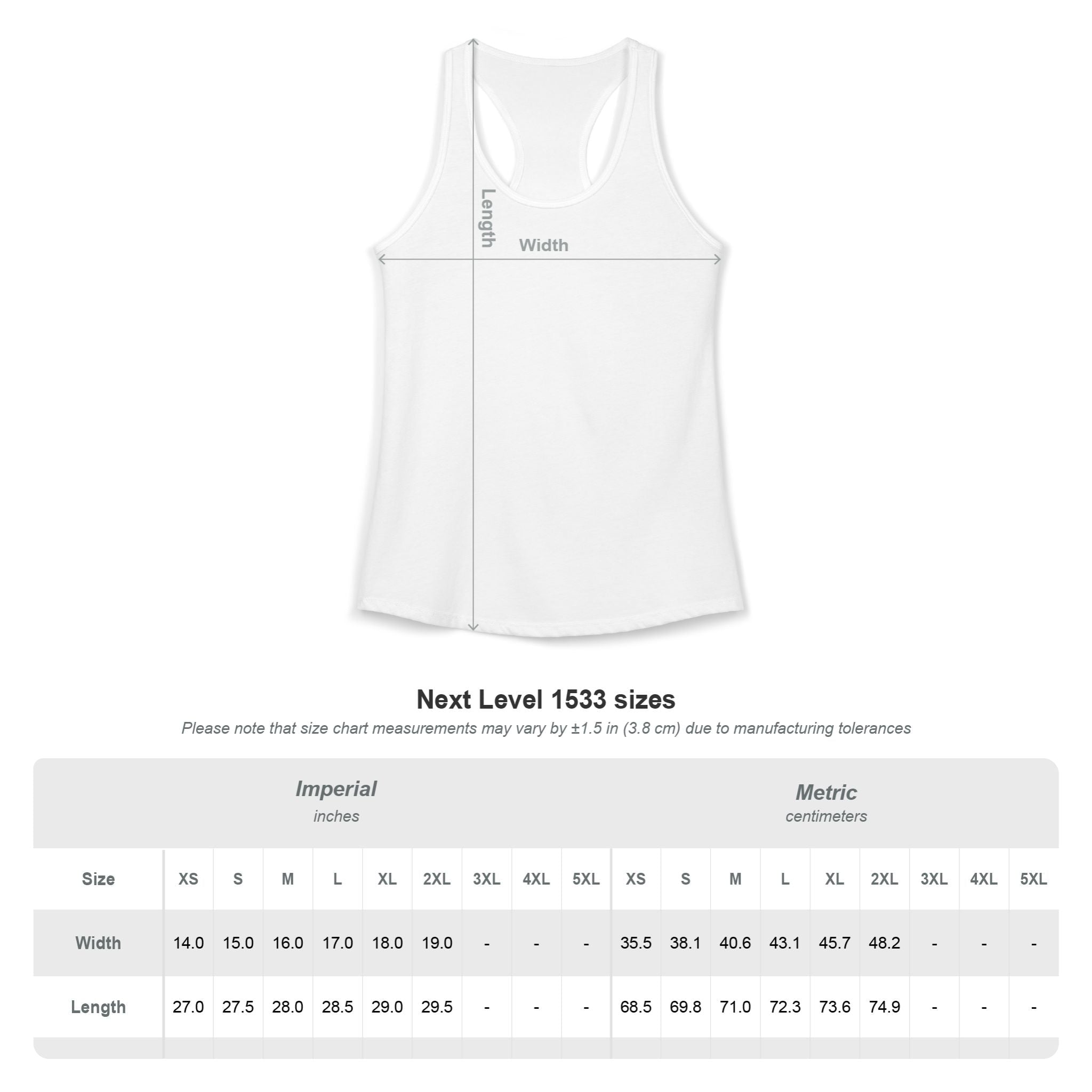 White tank top with measurement lines and size chart for 'I Can Do All Things Through Christ' on a white background