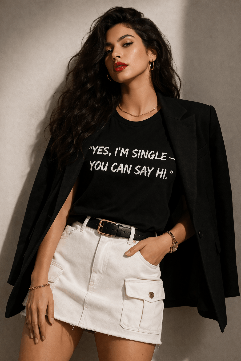 Relatable Designs black graphic t-shirt 'Yes, I’m Single - You Can Say Hi' dating statement tee styled with blazer and skirt fashion editorial mock-up 