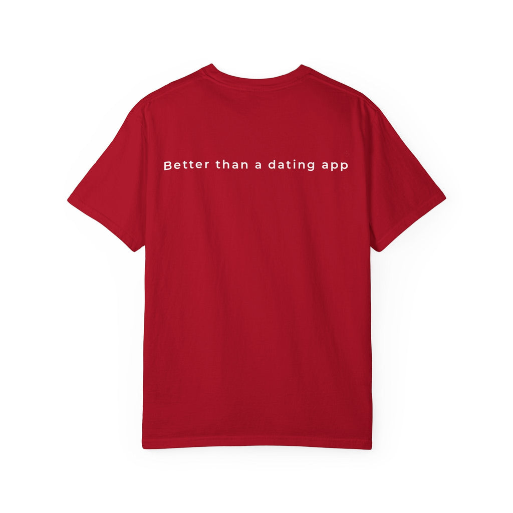 Relatable Designs red graphic t-shirt back view "Yes I'm Single - You Can Say Hi" statement tee product mock-up
