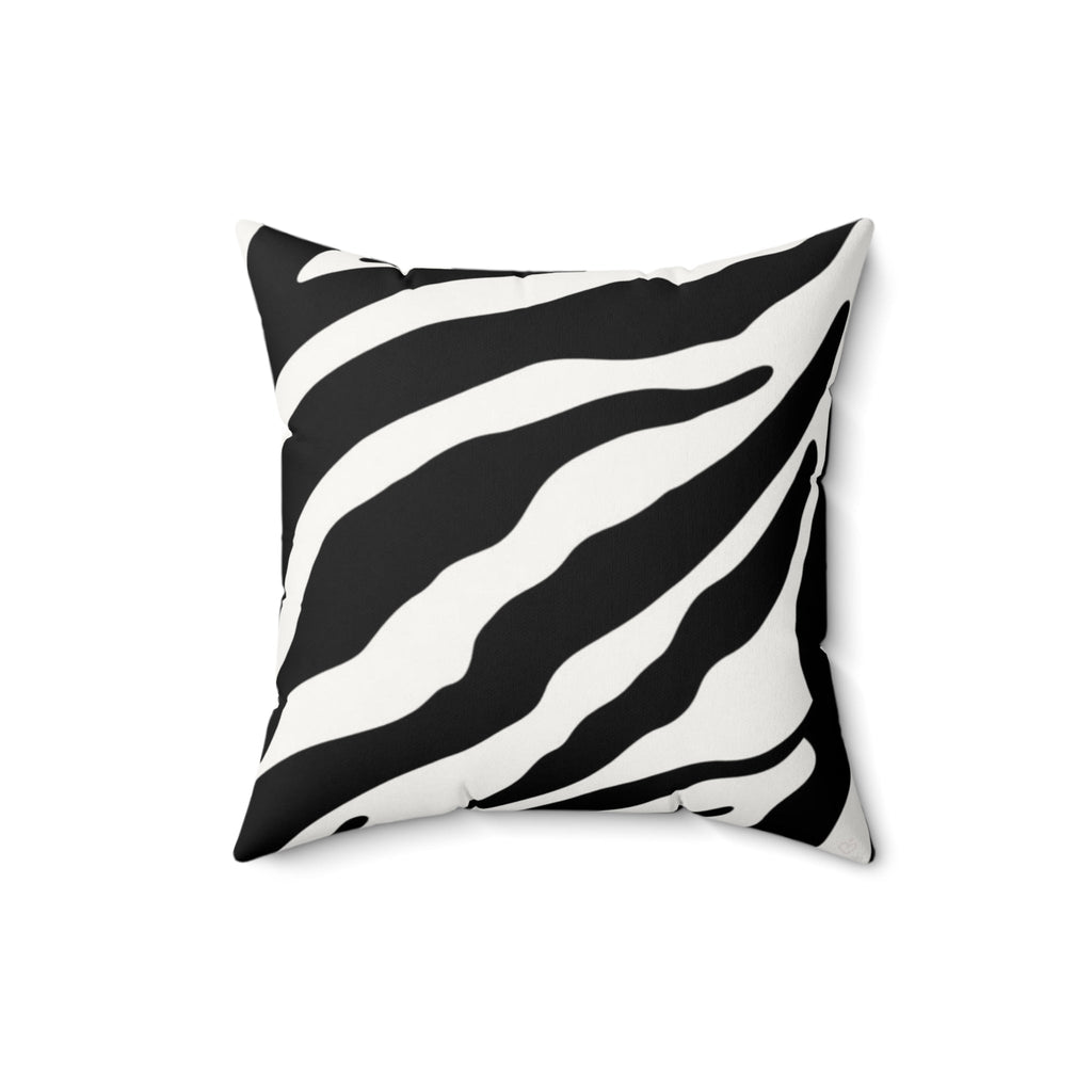 Black and white tiger stripe throw pillow (16x16) with bold abstract pattern entitled Untamed Balance - Relatable Designs.
