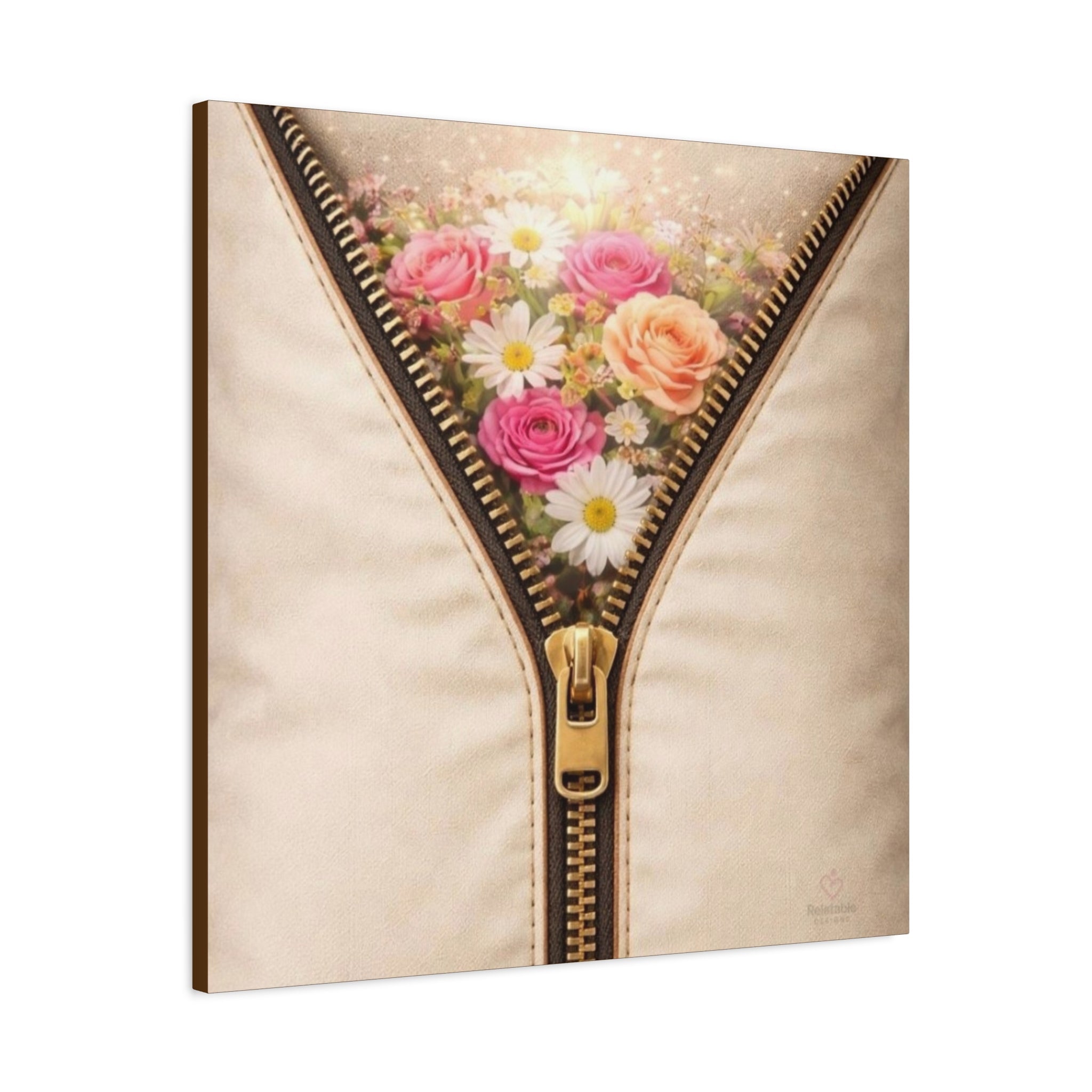 Side View. Canvas print with a zipper design revealing colorful flowers on a beige background